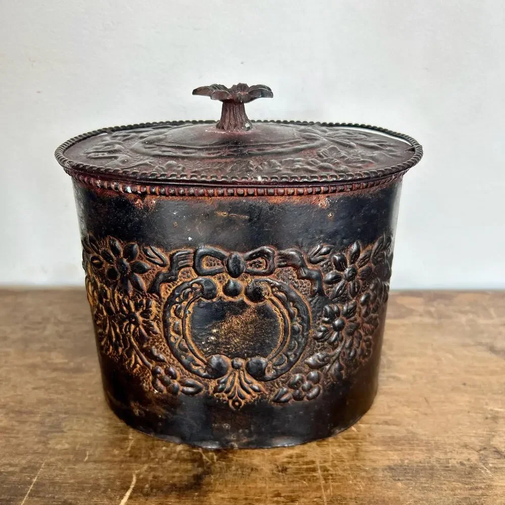 Antique Edwardian Metal Canister, Repousse Kitchen Storage, Victorian